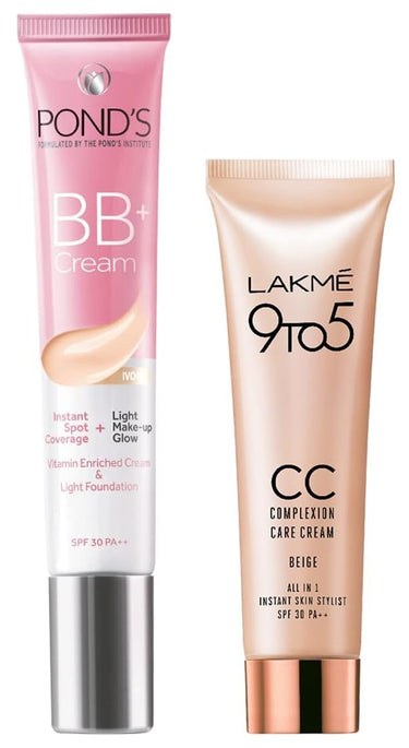 POND's  White Beauty Bb+ Fairness Light Coverage Natural Cream For All Skin Types 01 Original, 18 G And Lakmé Complexion Care Face Cream For All Skin Types, Beige, 9G, Pack Of 1